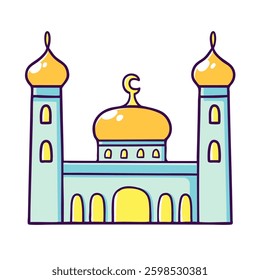 vector illustration of a mosque with two minarets and a central dome, featuring a crescent moon symbol