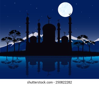 Vector illustration to mosques moon in the night beside yard