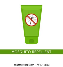 Vector illustration of mosquito repellent cream isolated on white background, in flat style. Plastic tube with stop sign. Outdoor protection, repelling flying insects