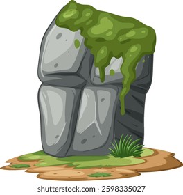 Vector illustration of a moss-covered stone on earthy ground, showcasing natural textures and vibrant colors