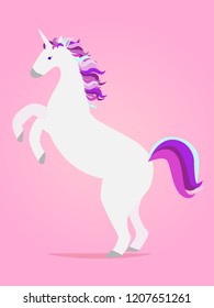 Vector illustration of the most beautiful magical hoofed animal from the world of magic - the unicorn. White unicorn with multicolored mane and tail reared. Fabulous animal for lovers of wonders.