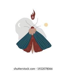 Vector illustration of a moth, butterfly with blue wings. White background with the image of the sun, moon, fire, stars. A symbol of mystery, magic, fortune telling, uncertainty. Boho style