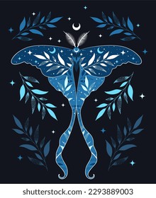 Ilustración vectorial con polilla y media luna. Impresión artística del Boho. Afiche moderno.