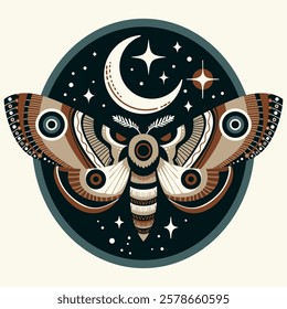 Vector Illustration of a Moth with Moon and Stars in Earth Tones - Ideal for Tattoos, Posters, and Apparel