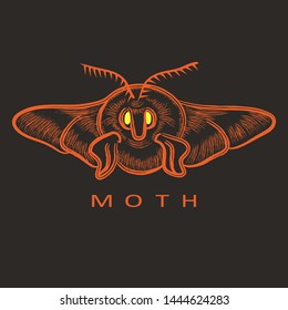 Vector illustration of moth in terracotta, yellow colors. Perfect for logos. Hand drawn engraving style.
