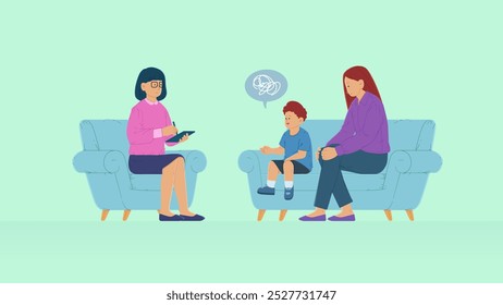 Vector Illustration of Mother Accompanies A Child To Consult A Psychologist. Scene of Person Talking to Psychotherapist. Private Psychology Scene. 