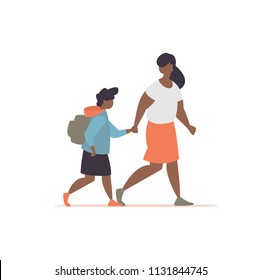 Vector illustration mother accompanies his daughter to school modern style. Schoolgirls with a parent go to school together