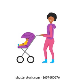 Vector illustration of mother with baby carriage. Happy african mom walking with baby girl. Cute flat characters isolated on white background. Woman in sports clothes taking fresh air with daughter