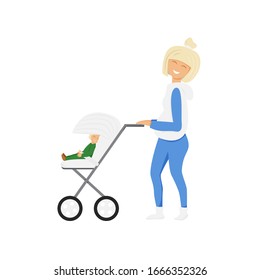 Vector illustration of mother with baby carriage. Happy blond mom walking with baby girl. Cute flat characters isolated on white background. Woman in sports clothes taking fresh air with daughter