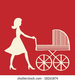 Vector illustration. Mother with baby carriage