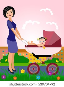 Vector Illustration. Mother with baby in stroller. 
