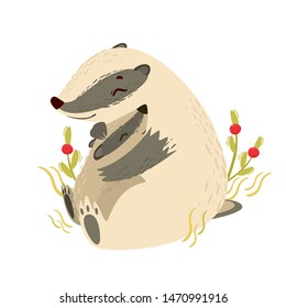 vector illustration. mother badger and baby greeting card, mother's day