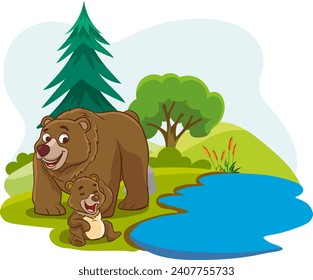 vector illustration of mother bear and baby bear