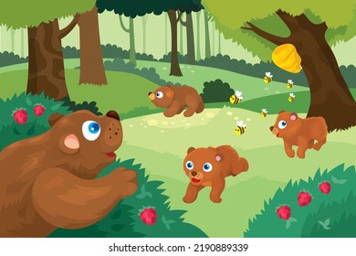 Vector illustration of mother bear watches her three cubs run away from bees