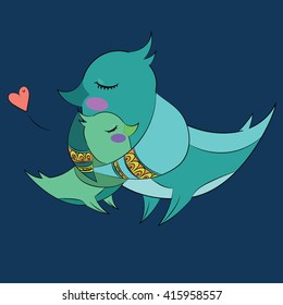 Vector illustration of mother birds and daughter birds. Mother's day greeting card.