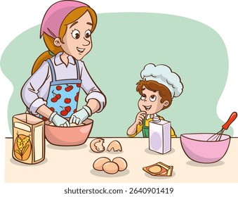 Vector illustration of mother and boy making cake or bread in the kitchen