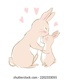 Vector illustration of the mother bunny and baby bunny. Mother hugs and kisses baby rabbit. Cute beige bunnies. Can be used for t-shirt print, kids wear fashion design, baby shower invitation card