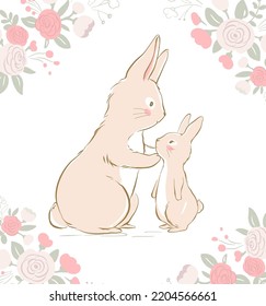 Vector illustration of the mother bunny and baby bunny. Mother and baby rabbits surrounded by rose flowers. Can be used for t-shirt print, kids wear fashion design, baby shower invitation card