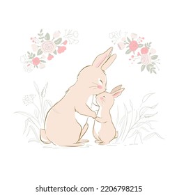 Vector illustration of the mother bunny and baby bunny. Mother hugs and kisses baby rabbit. Cute beige bunnies. Mother and baby rabbits surrounded by rose flowers. 