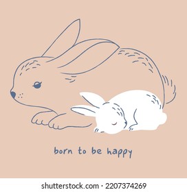 Vector illustration of the mother bunny and baby bunny. Mother hugs and kisses baby rabbit. Cute beige bunnies. Can be used for t-shirt print, kids wear fashion design.cute bunnies - mom and kids.