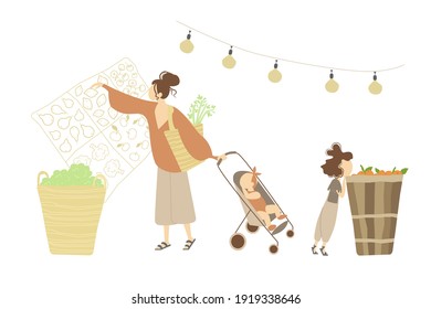 Vector Illustration of mother buying vegetables and fruits on the market with baby in stroller and curious little daughter.