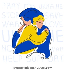 Vector Illustration Mother Care Child With Lettering Phrases STOP WAR In UKRAINE, LOVE, SAVE, HELP And Pray. Global Politics Problem In Continuous Line Art Style