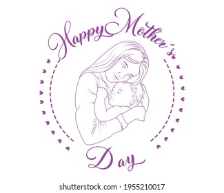 Vector Illustration Of Mother Carrying Son In Arms. Happy mother's day, greeting card

