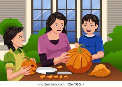 A vector illustration of Mother carving pumpkins together with her kids in the backyard