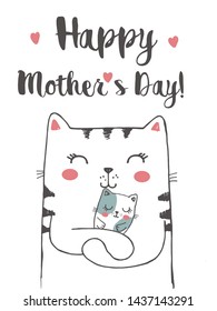 Vector illustration of mother cat with of cute little kitten, hand drawn greeting card with lettering happy mother's day, cat family, mummy with sleeping baby