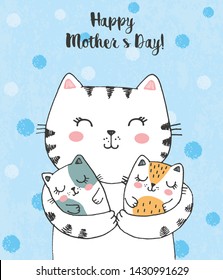 Vector illustration mother cat and pair cute little twins kittens  hand drawn greeting card and lettering happy mother's day  polka dot background  cat family  mummy and two sleeping babies