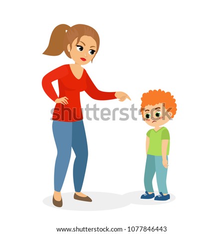 Vector illustration of mother character scolding her upset son, mom punishes son concept in flat cartoon style.