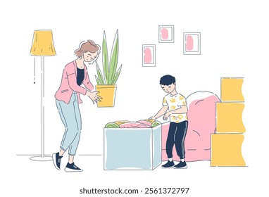 Vector illustration of a mother and child cleaning their home. The woman holds a potted plant while the boy organizes items on a table. Cozy interior with furniture, boxes, and soft pastel tones