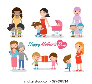 Vector illustration of Mother and Child isolated on white background, Happy Mothers Day, beautiful women and child, happy mothers day, Beautiful mother with her kid.