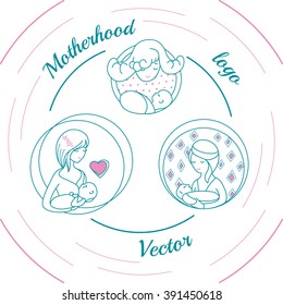 Vector illustration with Mother and Child. Set of Motherhood logos. Mothers day