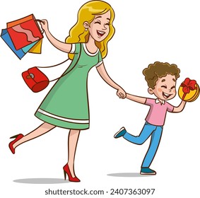 vector illustration of mother and child shopping