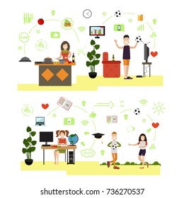 Vector illustration of mother cooking in kitchen, father with ball watching football on tv and children playing games and doing homework. Family people flat symbols, icons isolated on white background