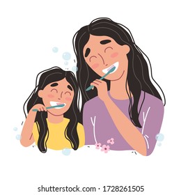 Vector illustration of Mother and Daughter Brushing Their Teeth. happy family and health.