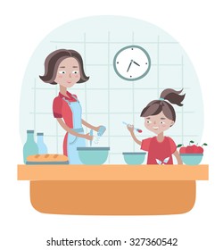 Vector illustration of mother and daughter are cooking in the kitchen