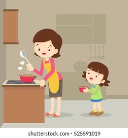 Vector Illustration of a mother and daughter cooking.