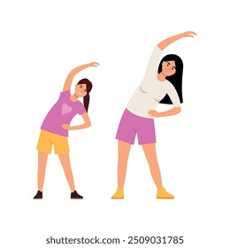 Ilustração vetorial de mãe e filha fazendo exercício. Cena de desenhos animados de mãe e filha vestidas com camisetas e shorts fazendo exercícios isolados em um fundo branco. Inclinado para os lados.