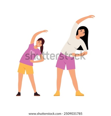 Vector illustration of mother and daughter doing exercise. Cartoon scene of mother and daughter dressed in t-shirts and shorts doing exercises isolated on a white background. Leaning to the sides.