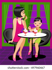 Vector Illustration. Mother and daughter enjoying the strawberry ice cream in a cafe.