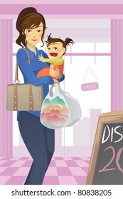 A vector illustration of a mother and a daughter going grocery shopping