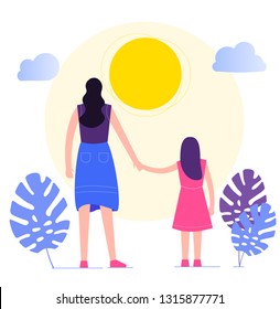 Vector illustration of mother and daughter holding hands. A mother's love for her child.