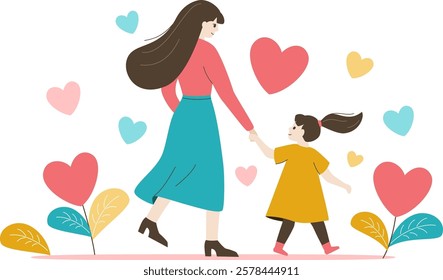 Vector illustration of a mother and daughter holding hands together. A modern flat design with hearts and leaves, symbolizing love, care, and family bonding.