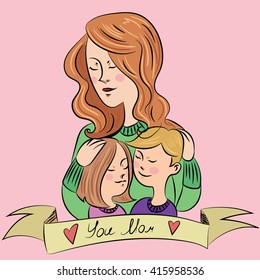 Vector illustration of mother and daughter. Mother's day greeting card.