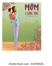 Vector illustration of mother and daughter. Mother's day greeting card.