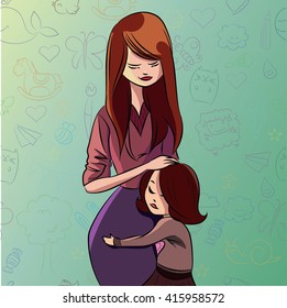 Vector illustration of mother and daughter. Mother's day greeting card.