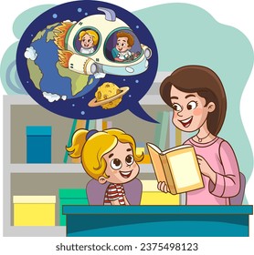 vector illustration of mother and daughter reading book