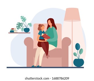 Vector illustration of mother and daughter sitting in armchair and reading book together while performing family education in living room at home. Home schooling, home education concept